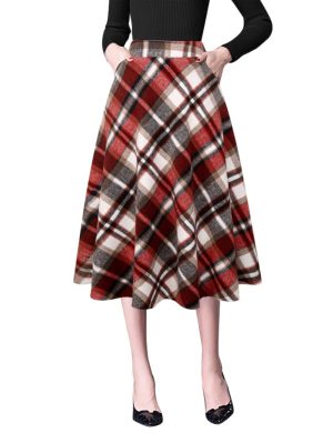 Wool Skirts for Womens High Waist Aline Pleated Midi Skirts