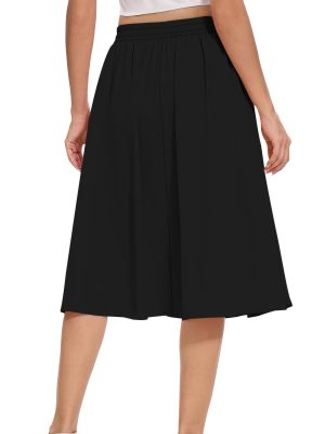 Women's Flowy Midi Skirt Summer Pleated High Waisted Casual Button Front Skirts with Pockets