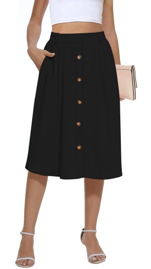 Women's Flowy Midi Skirt Summer Pleated High Waisted Casual Button Front Skirts with Pockets