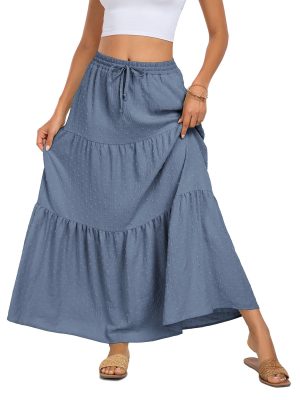 Women's Fall Boho High Waist Flowy Maxi Skirt Ruffle Tiered Swiss Dot Casual Long Skirts and Pockets
