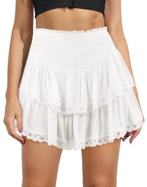 614bLNq0WUL.jpg Women's Cute High Waist Ruffle Mini Skirt Layered Ruffle Hem Flared Flowy Casual Swing Beach Mini Short Skirt