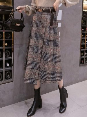 Women's Vintage Plaid Wool Blend Midi Skirt Houndstooth A Line Wool Long Skirt with Belt