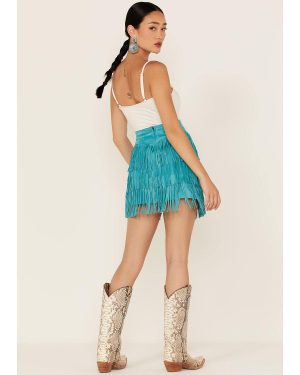 Women's Fringe Tiered Suede Mini Skirt - L704-Trq