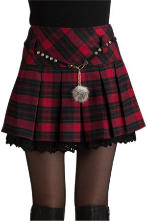 Women's A-Line Plaid Wool Blend Pleated Skirt Side Zipper