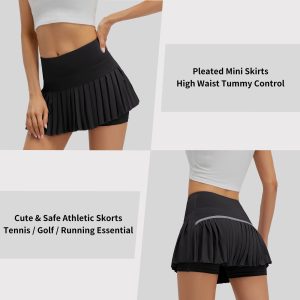 Womens Pleated Tennis Skirts with Shorts High Waisted Mini Skirt Golf Skort Athletic Skirts Workout Pickball