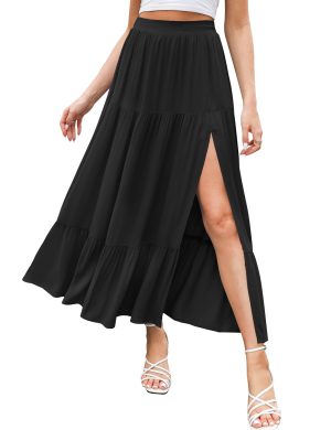 Women's 2025 Summer Flowy Boho Maxi Skirt Trendy Slit Elastic High Waist A Line Beach Long Skirts with Pockets