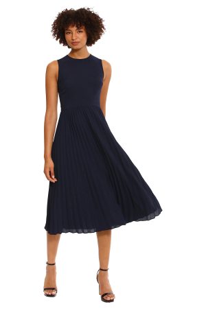 Women's Sleeveless Stretch Light Bubble Crepe Pleated Skirt Midi Dress