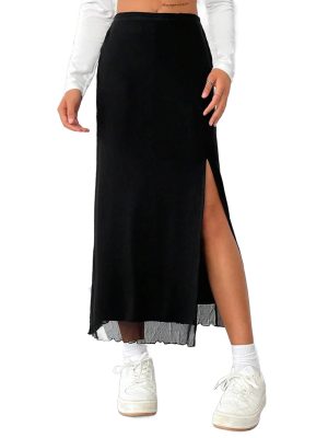 Women's Mesh Slit Split Long Skirts High Waisted Sexy Summer Maxi Skirts