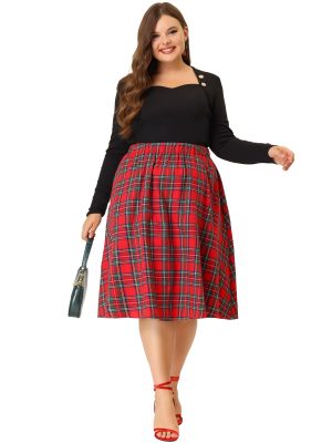 Plus Size Vintage Skirt for Women 2024 A-line Plaid Printed Flare Elastic High Waist Midi Skirts