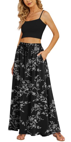 710DVOSCvWL.jpg Women's Flowy Maxi Skirt Summer Pleated High Waisted Casual Long Skirts with Pockets