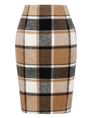 Midi Plaid Skirts for Women Fall Winter Knee Length Pencil Wool Skirt with Slit