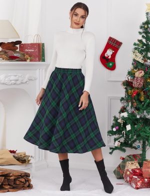 Women’s Plaid Skirt Elastic Waist A-line Midi Pleated Skirts