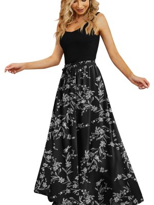 Women's Flowy Maxi Skirt Summer Pleated High Waisted Casual Long Skirts with Pockets