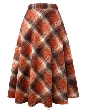 71EddYoceCL.jpg Long Plaid Wool Skirt for Womens Winter Fall Warm High Elastic Waist A line Flared Pleated Wool Tartan Skirts