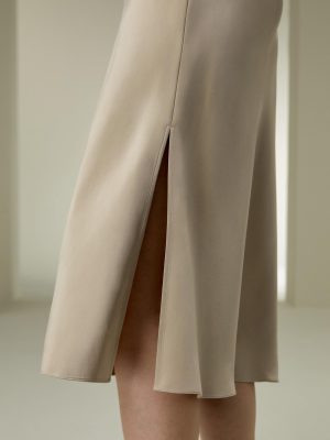 Silk Midi Skirt Bias-Cut 32Momme Double-Faced 100% Silk Charmeuse Side Slit Hem Waistband