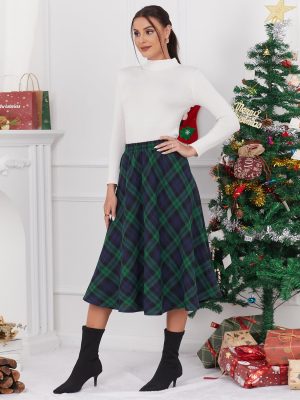 Women’s Plaid Skirt Elastic Waist A-line Midi Pleated Skirts