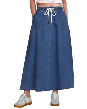71MV-KeeCnL.jpg Denim Skirts for Women Trendy A Line Long Maxi Pull On Elastic Waist Drawstring Stretchy Jean Skirt with Pockets