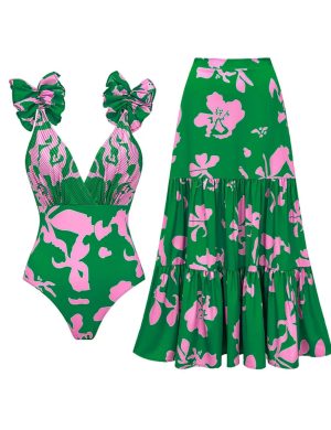 Blue and White V Neck Lace Up Strip Plant Prints One Piece Swimsuit and Skirt/Sarong