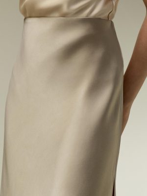 Silk Midi Skirt Bias-Cut 32Momme Double-Faced 100% Silk Charmeuse Side Slit Hem Waistband