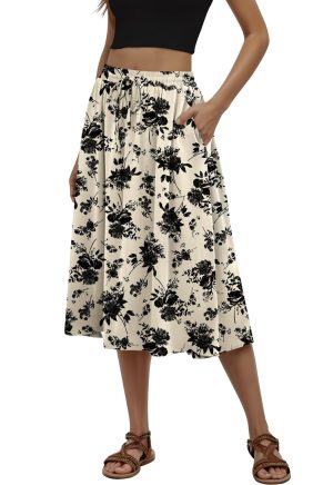 Women's Midi Skirt Summer Pleated Flowy Elastic High Waisted Skirts with Pockets