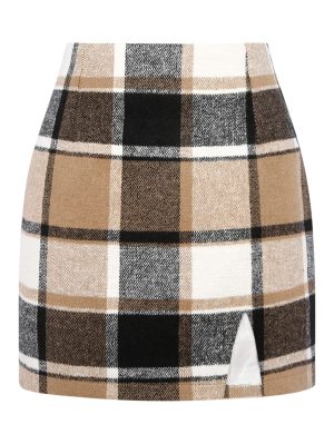 Plaid Mini Skirts for Womens High Waisted Fall Winter Wool Bodycon Pencil Skirts with Slit