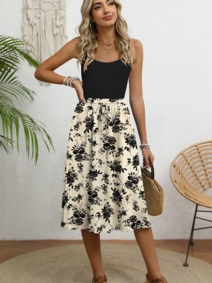 Women's Midi Skirt Summer Pleated Flowy Elastic High Waisted Skirts with Pockets