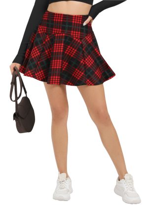 Women's Vintage Elastic Waist Plaid Flared Mini Skater Skirt