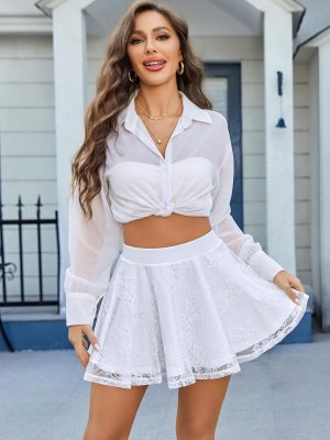 Skirts for Women Lace Pleated Ruffles Skater Skirt Elastic Waistband Sexy Basic Stretchy Flared Casual Mini Skirt