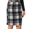 Women's Wool Plaid Print High Waist Zipper Bodycon Fall Pencil Midi Skirt Knee Length