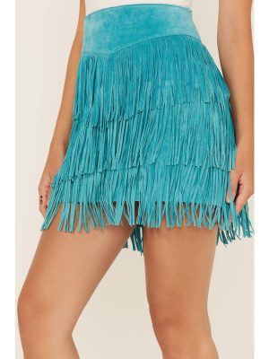 Women's Fringe Tiered Suede Mini Skirt - L704-Trq