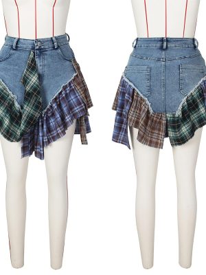Gothic European and American Women's Clothing, Sexy Irregular Plaid Skirt, Design Sense Patchwork Denim Short Skirt