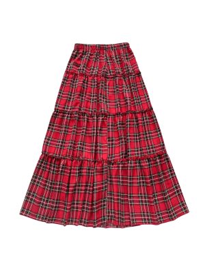 71otpv04o9L.jpg Women's Plaid High Waisted A Line Skirt Ruffle Hem Layered Holiday Maxi Skirts