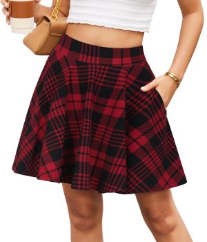 Women's Flared Mini Skater Skirt with Pockets Versatile Elastic High Waist Casual Skirts