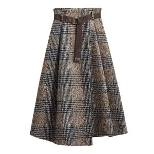 71uka1Cu2SL.jpg Women's Vintage Plaid Wool Blend Midi Skirt Houndstooth A Line Wool Long Skirt with Belt