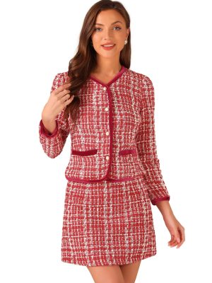 Business Suit Set for Women's 2 Piece Outfits Plaid Tweed Easter Short Blazer Jacket and Skirt Sets