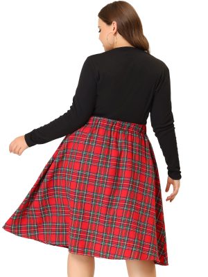 Plus Size Vintage Skirt for Women 2024 A-line Plaid Printed Flare Elastic High Waist Midi Skirts
