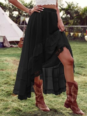 81RV-ix1DL.jpg Women's Western Boho Lace Ruffle Skirt Asymmetrical Country Cowgirl Skirts