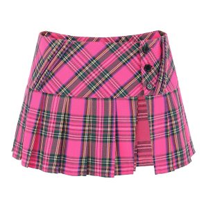 Mini Plaid Pleated Skirt Women's US Size Low Waist Slit Schoolgirl Uniform