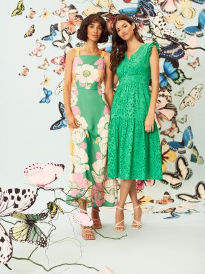 Women's Sleeveless V-Neck with Ruffle Shoulder Detail and Tiered Skirt