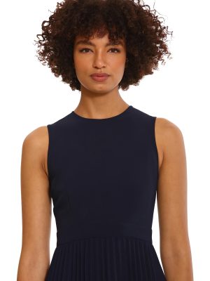 Women's Sleeveless Stretch Light Bubble Crepe Pleated Skirt Midi Dress