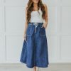81oK9DyR4BL.jpg Denim Skirts for Women Trendy A Line Long Maxi Pull On Elastic Waist Drawstring Stretchy Jean Skirt with Pockets