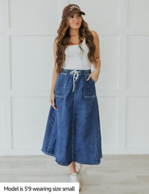 81oK9DyR4BL.jpg Denim Skirts for Women Trendy A Line Long Maxi Pull On Elastic Waist Drawstring Stretchy Jean Skirt with Pockets