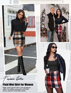 Plaid Skirts for Women, Pencil Mini Skirts for Women High Waist Bodycon Christmas Holiday Fall Winter Skirts 2024 Trendy