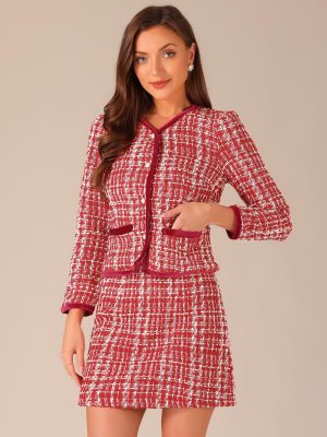 Business Suit Set for Women's 2 Piece Outfits Plaid Tweed Easter Short Blazer Jacket and Skirt Sets