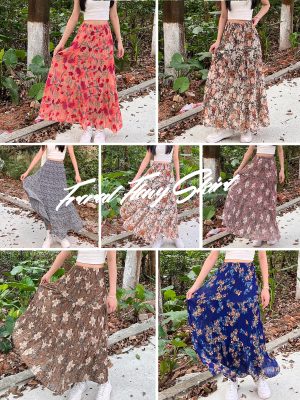 Womens Chiffon Long Skirt Elastic High Waist Floral Maxi Skirts Tiered Pleated A Line Boho Flowy Long Skirts